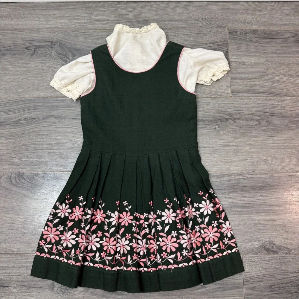 Vintage German Dirndl Set Kids Sz 6 Green Pink Floral Dress Apron Oktoberfest